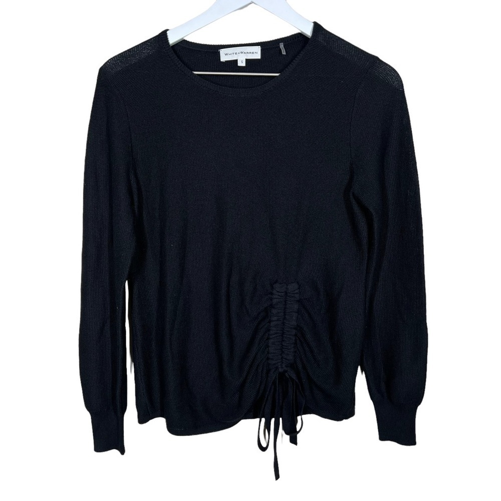 White + Warren Black Ruched Cinch Detail Silk Blend Long Sleeve Sweater Small
